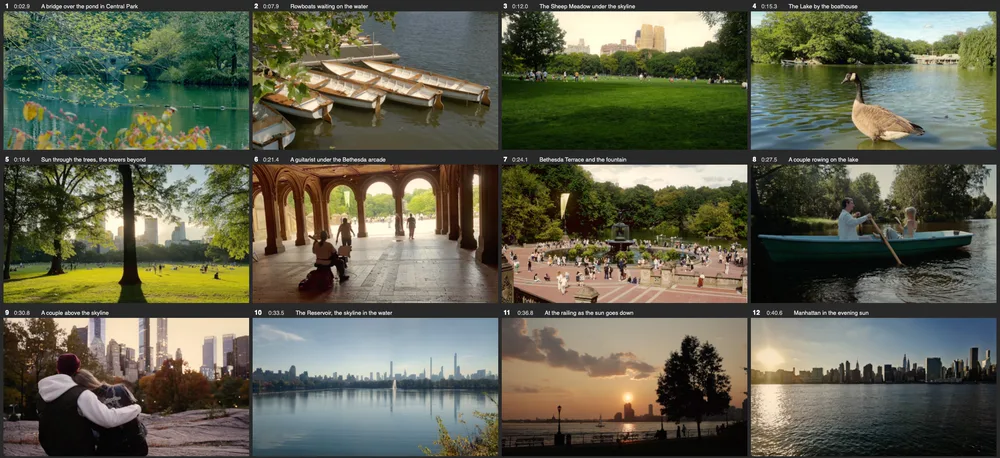 Kiru’s contact sheet of a Central Park film: twelve of its shots, each labelled with its number, film time and what it shows — bridge, rowboats, the Sheep Meadow, a goose on the lake, couples, the Reservoir skyline, a sunset.