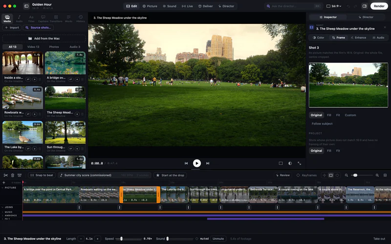 Kiru’s Edit page: the media browser with thirteen clips of Central Park on the left, an aerial view over the park to the Midtown skyline in the viewer, the colour inspector on the right and the timeline below.
