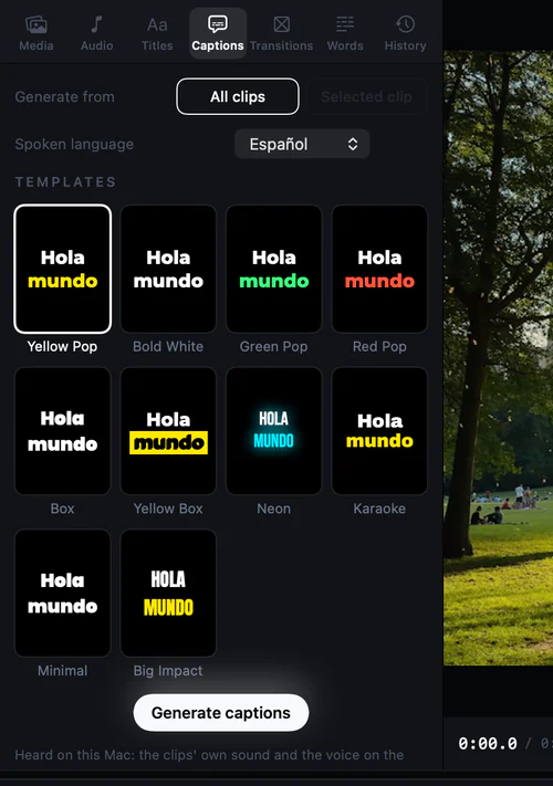 Kiru’s caption templates: Yellow Pop, Bold White, Green Pop, Red Pop, Box, Yellow Box, Neon, Karaoke, Minimal and Big Impact, each previewed on a frame.