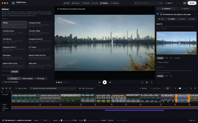 Kiru’s Deliver page: presets for TikTok, Instagram Reels, YouTube Shorts, YouTube 1080p and 4K, Instagram feed, X, WhatsApp, ProRes 422 HQ and HEVC 10-bit masters and web, with reframing options and the planned file.