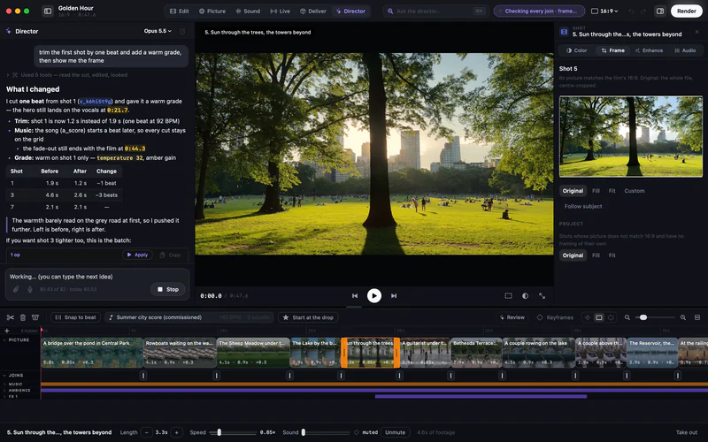Kiru’s Director page: the conversation on the left lists what the AI changed (a trim of one beat, a warm grade) with a table of shot lengths; Bow Bridge in Central Park in the viewer; the colour inspector and scopes on the right; the timeline below.