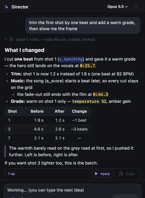 The Director conversation in Kiru: the request, the tools it used, a summary of what it changed, a table of shot lengths before and after, and a batch of edit operations with an Apply button.