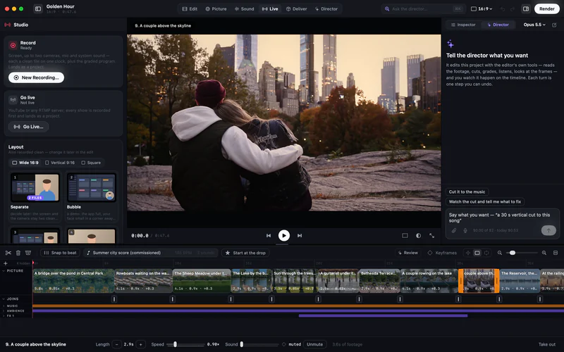 Kiru’s Live page: the Studio column with Record and Go live controls and layout cards, a figure at the Reservoir railing at dusk in the middle, and the Director on the right.