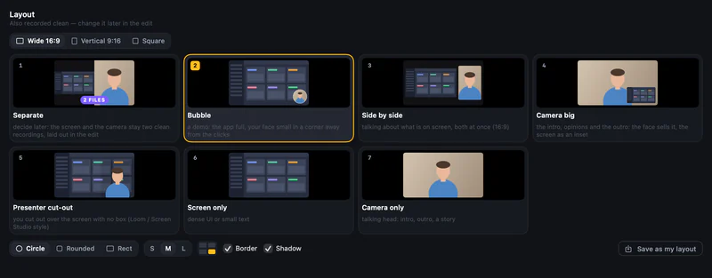 Kiru’s layout picker: Separate, Bubble, Side by side, Camera big, Presenter cut-out, Screen only and Camera only, with Wide, Vertical and Square shapes and bubble options.