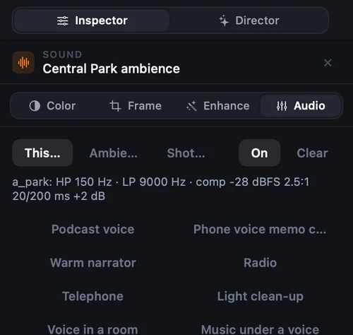 Close-up of Kiru’s audio inspector for the park ambience: its chain read out (high-pass 150 Hz, low-pass 9 kHz, compressor at −28 dBFS, 2.5:1) above the presets.